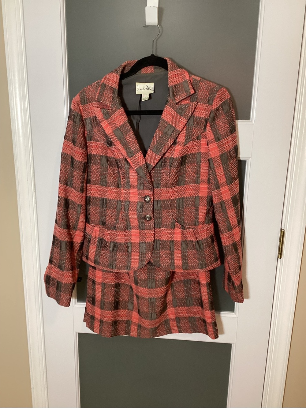 Joseph Ribkoff Vintage Red Plaid Skirt Suit Set Blazer Mini Skirt Size 8